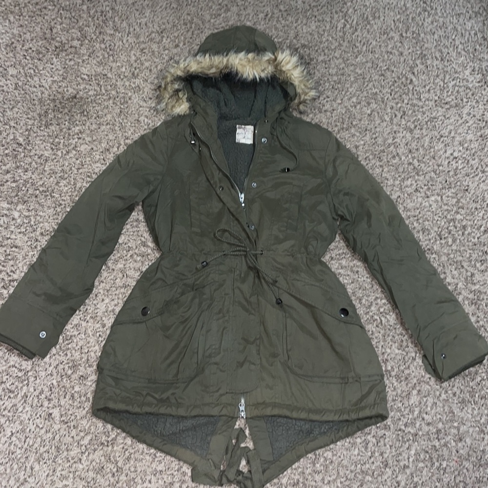 Tulle for Anthropologie Faux Fur Trim Hooded Army Green Fleece Jacket